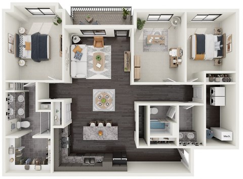 a 3d rendering of the living room and dining room of a 1 bedroom apartment